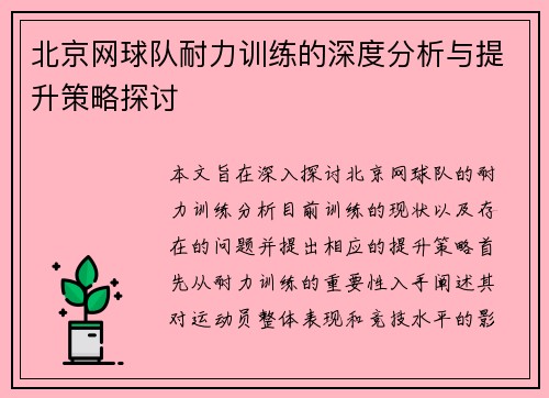 北京网球队耐力训练的深度分析与提升策略探讨